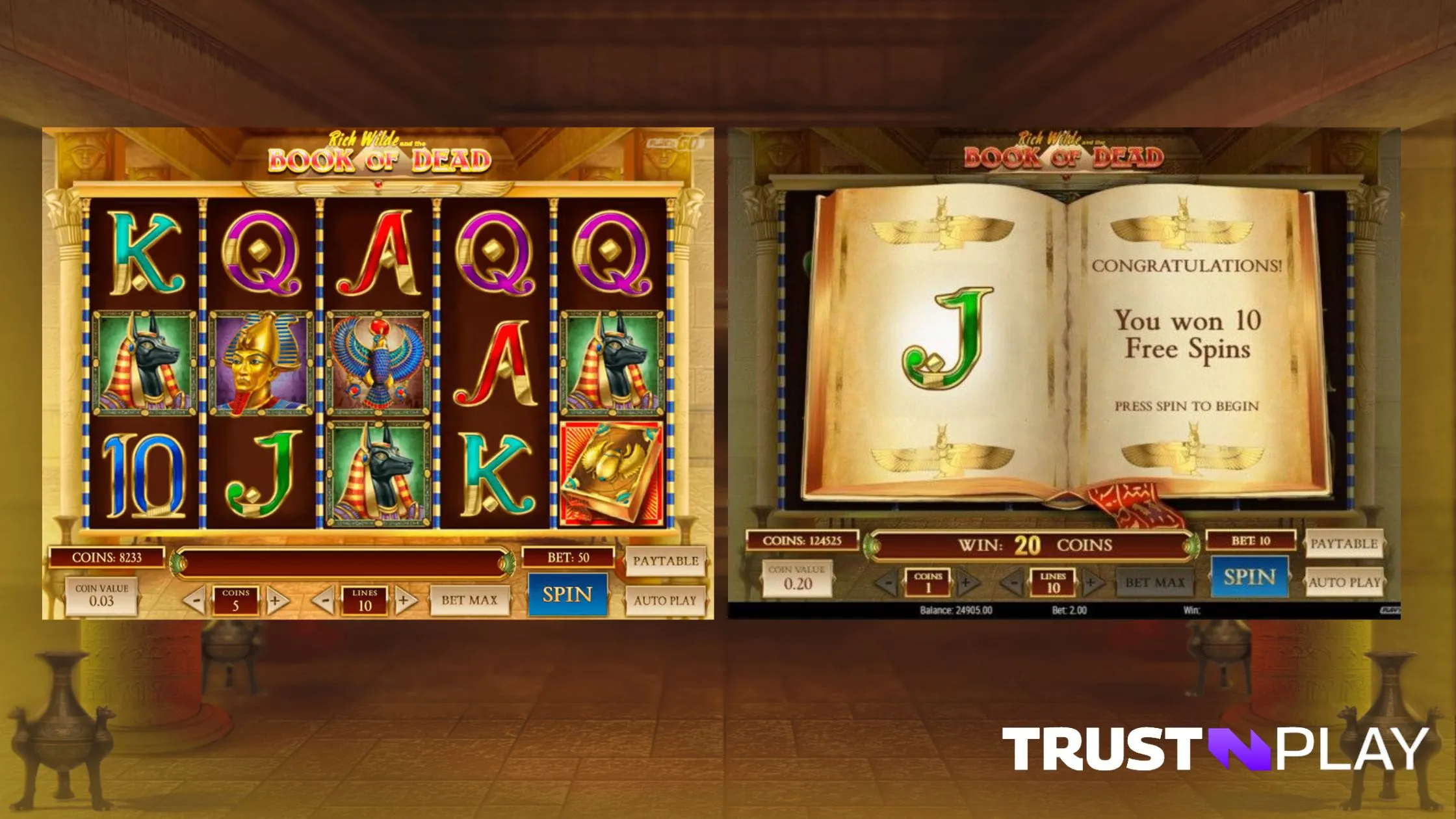 Book of Dead slot Play'n GO 10 free spins bonus and expanding reels