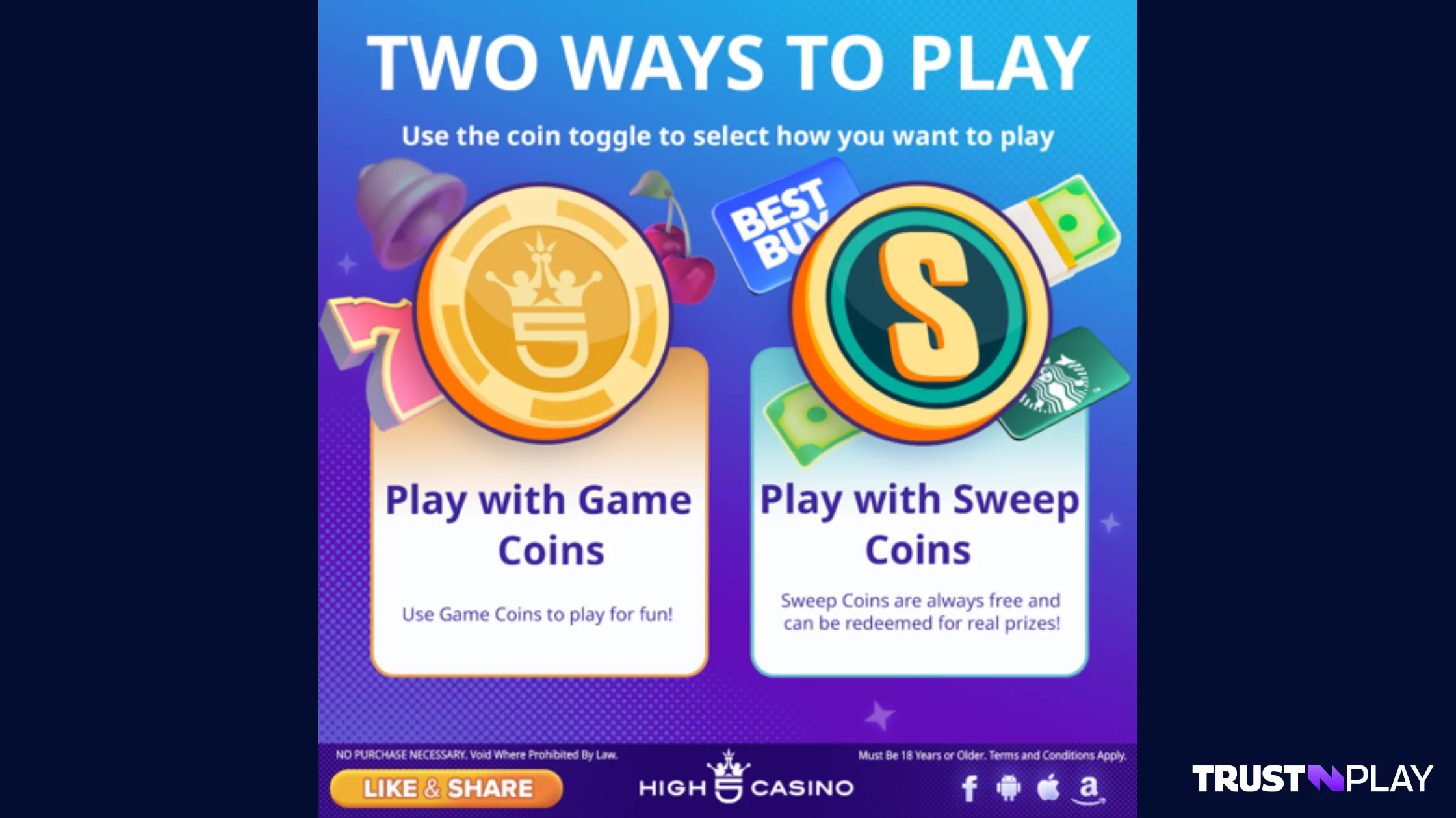 High 5 Social Casino review 2 play modes: Game Coins or Sweeps Coins