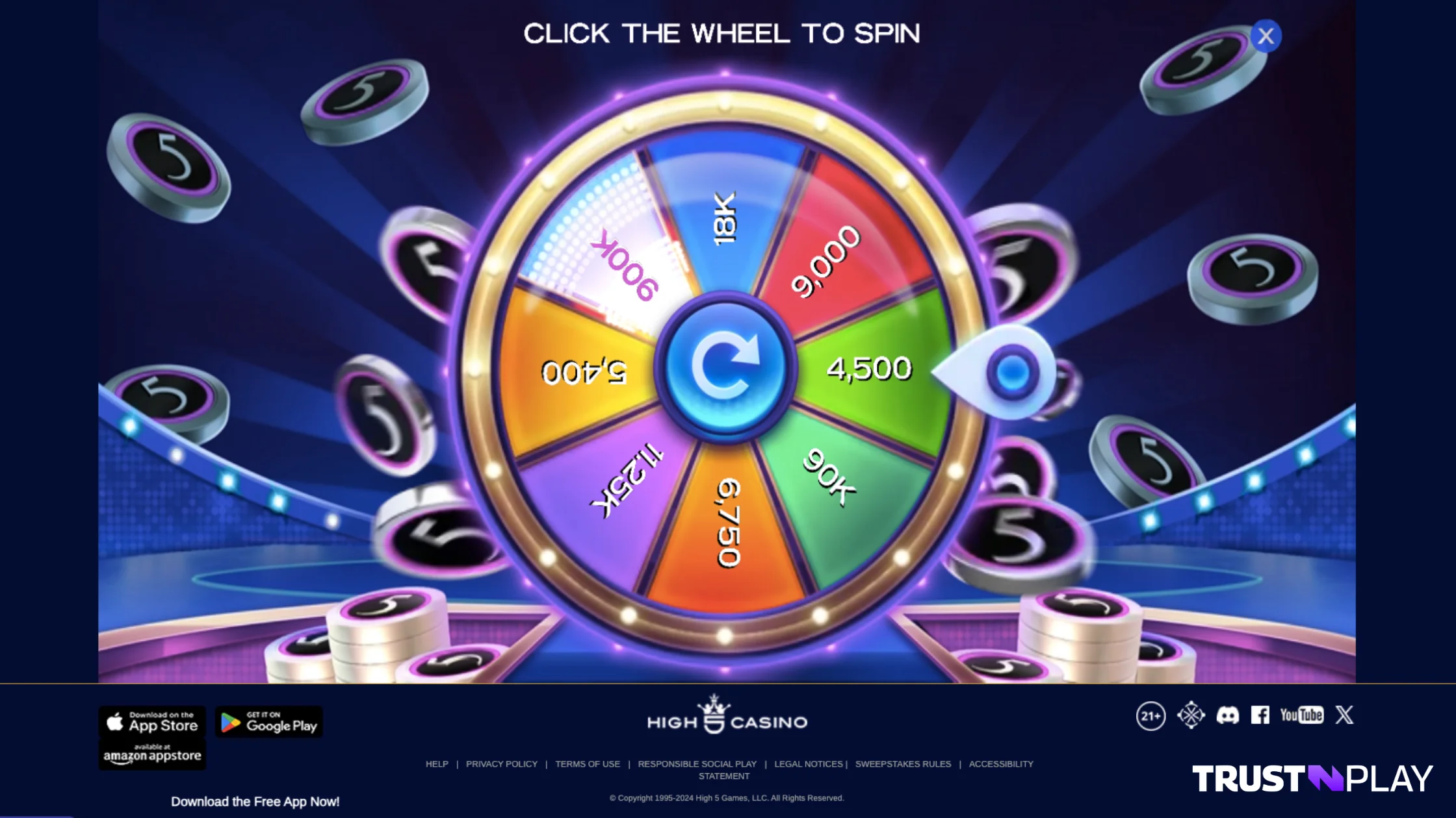 High 5 Social Casino review Spin the Wheel offer