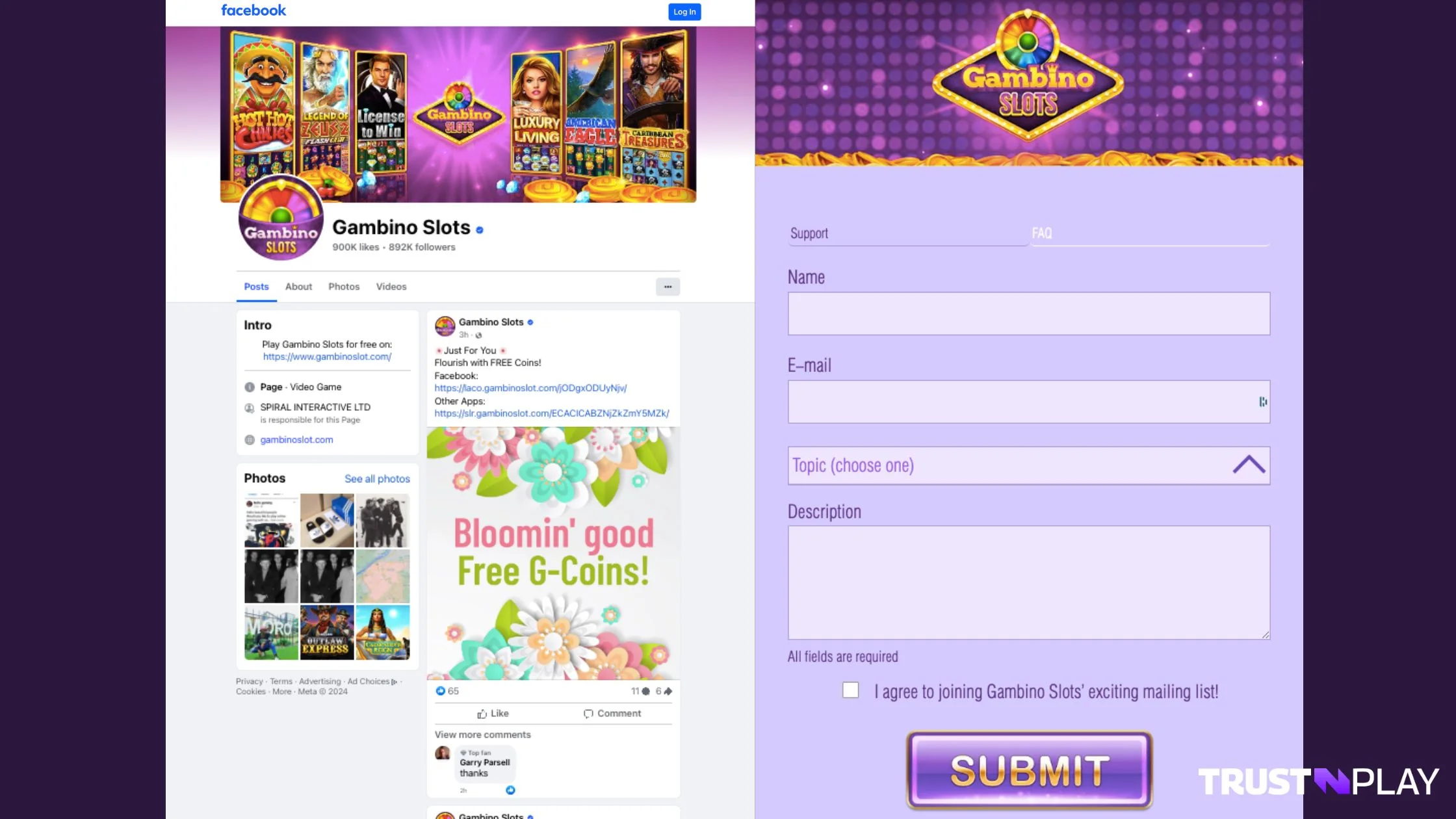 Gambino Slots Casino review support: Facebook page & online form