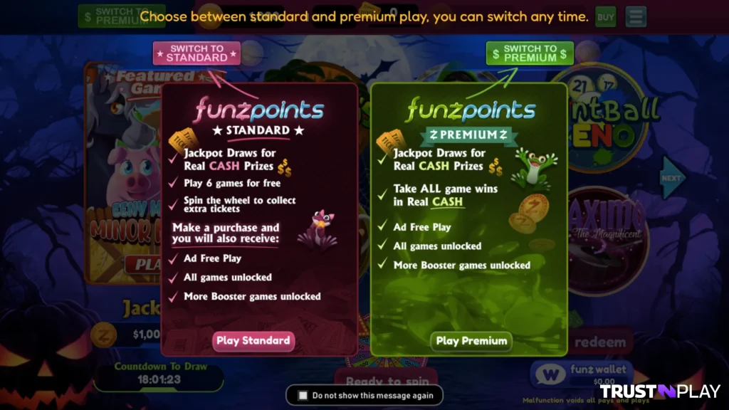 Funzpoints Casino review Standard or Premium mode gameplays