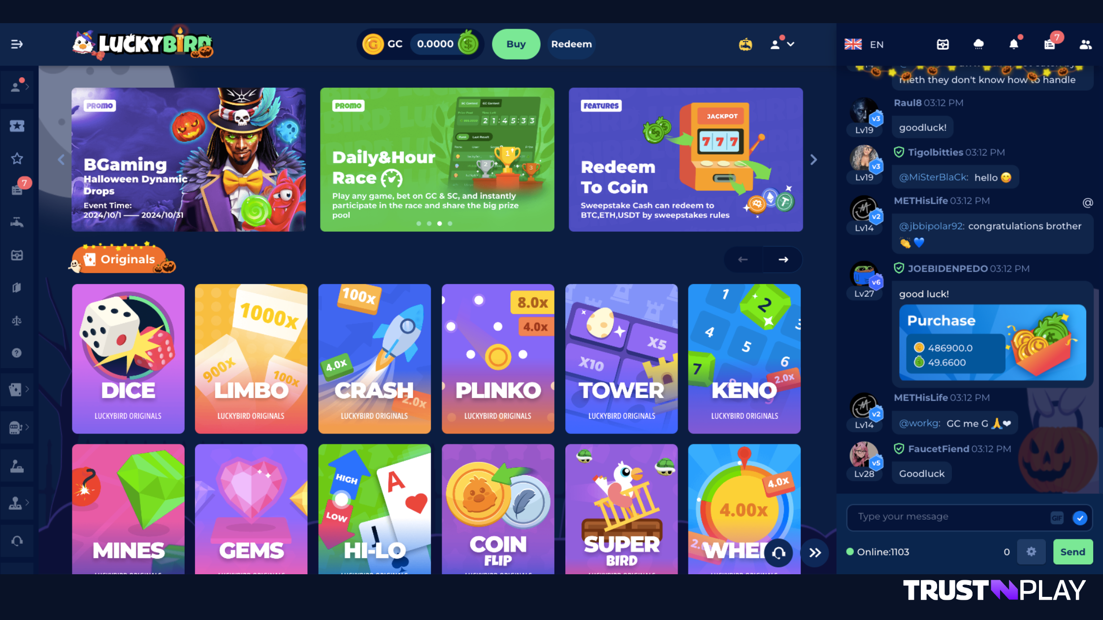 LuckyBird Casino review homepage + Community Chat