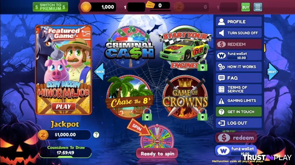 Funzpoints Casino review Homepage menu drop down