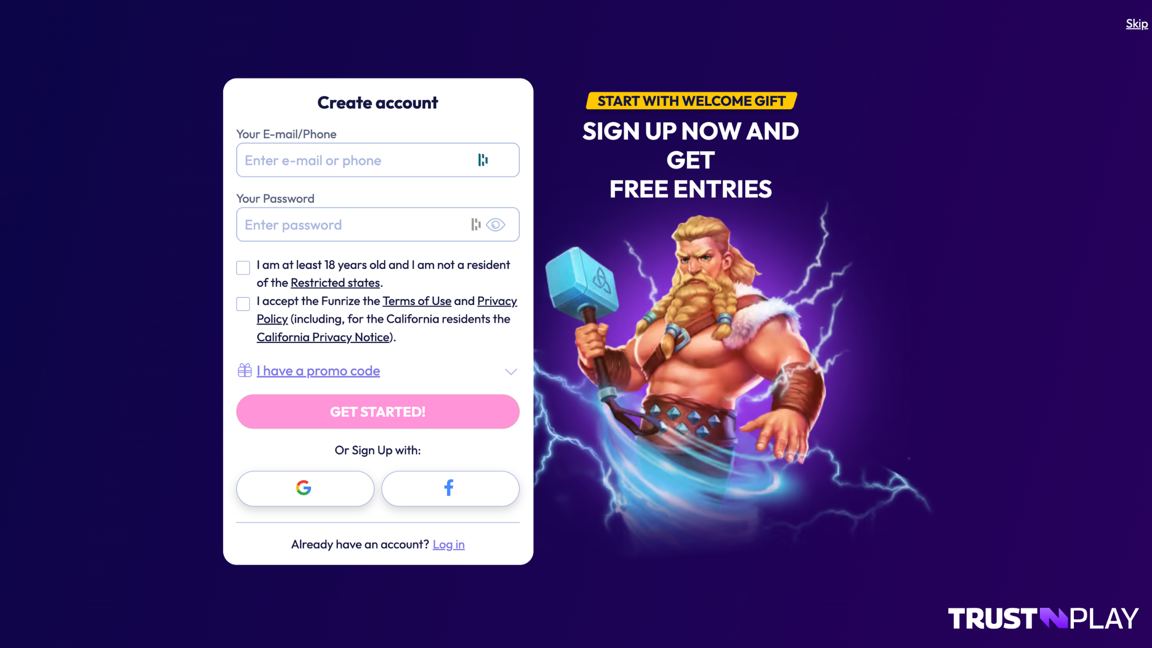 Funrize Casino review Registration Process