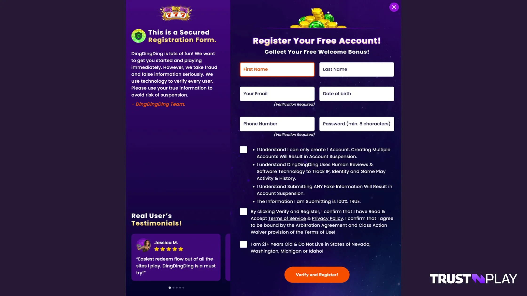 Ding Ding Ding Casino review registration process