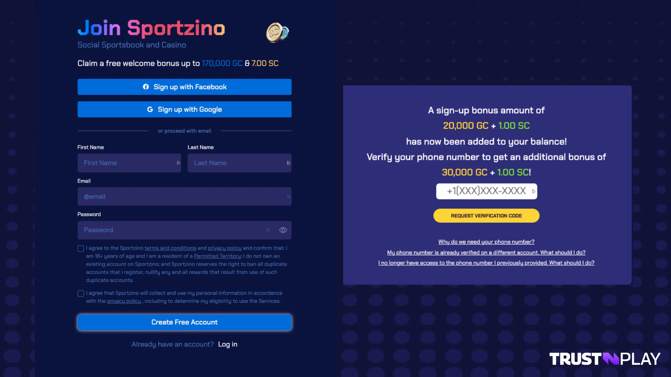 Sportzino Casino review Registration process