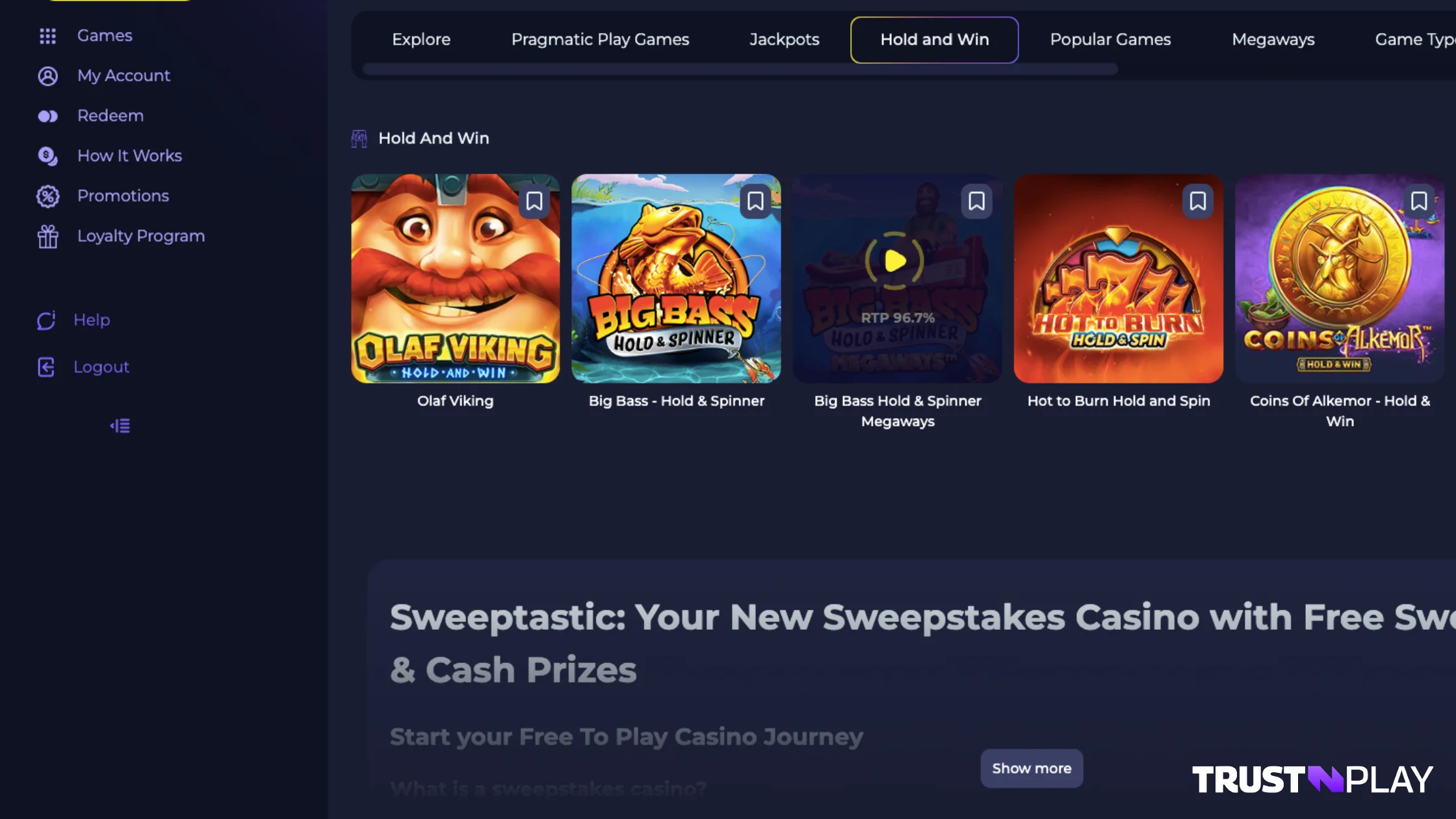 Sweeptastic Casino review online slots RTP displayed