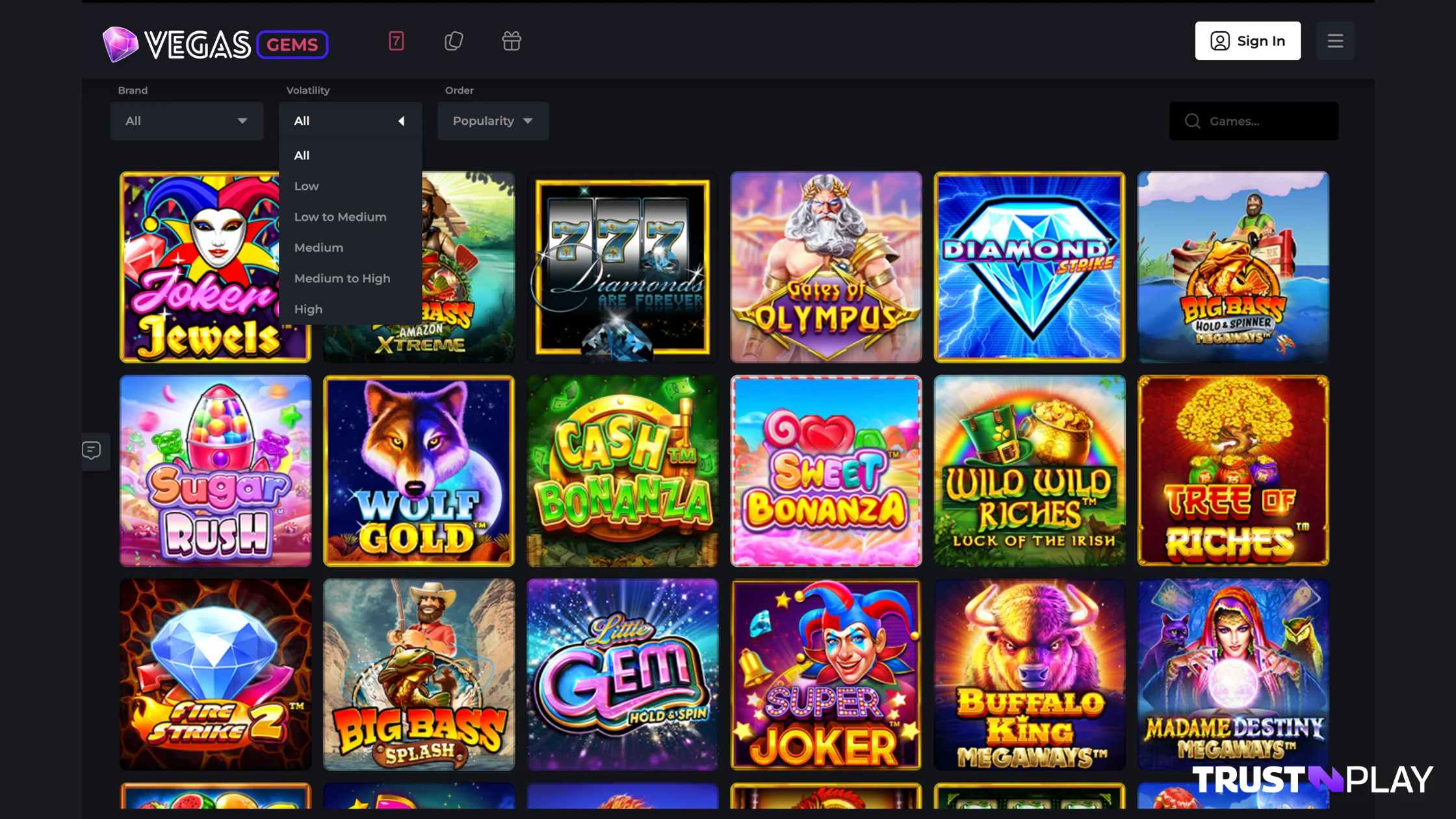 Vegas Gems Casino review Game library volatility, brand, feature categories