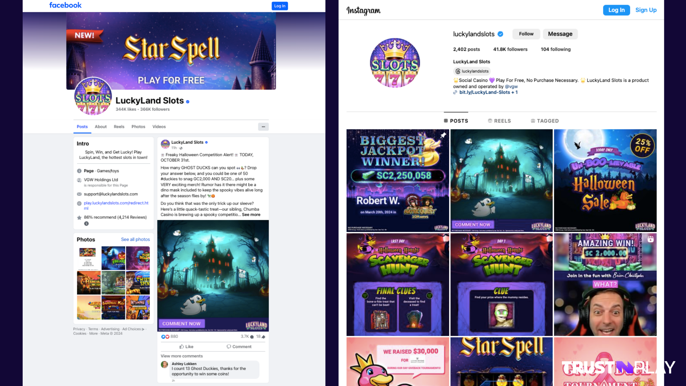 Luckyland Slots Casino review Social Media pages: Facebook & Instagram