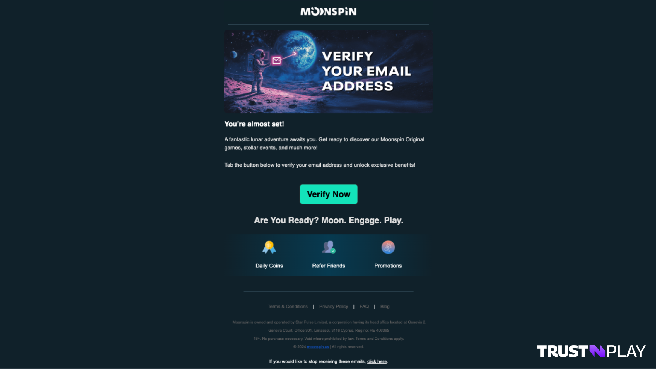 Moonspin Casino review email confirmation - verify your account