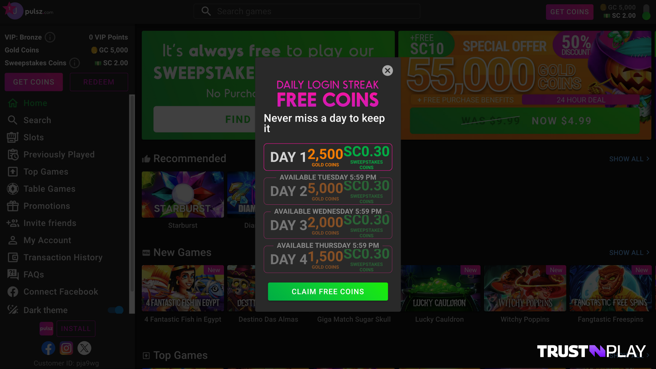 Pulsz Casino review Daily login streak free coins bonus