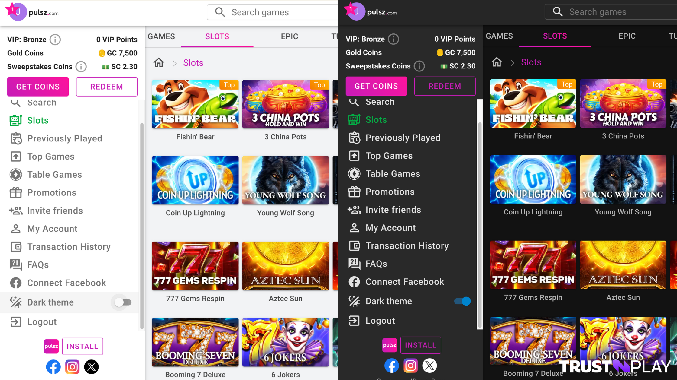 Pulsz Casino review website theme options: dark or light