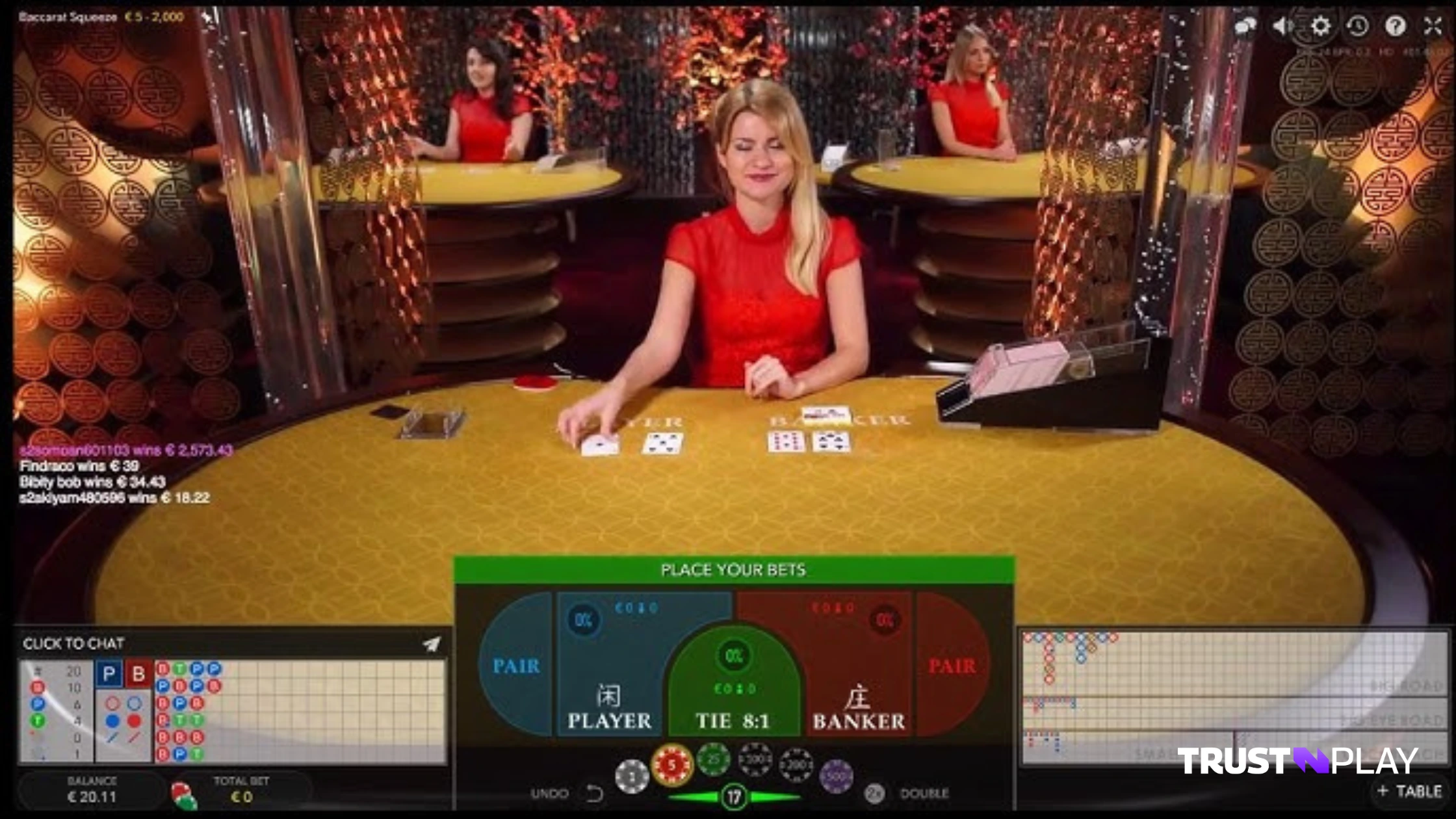 The user interface of the Live Baccarat Squeeze game by Evolution.