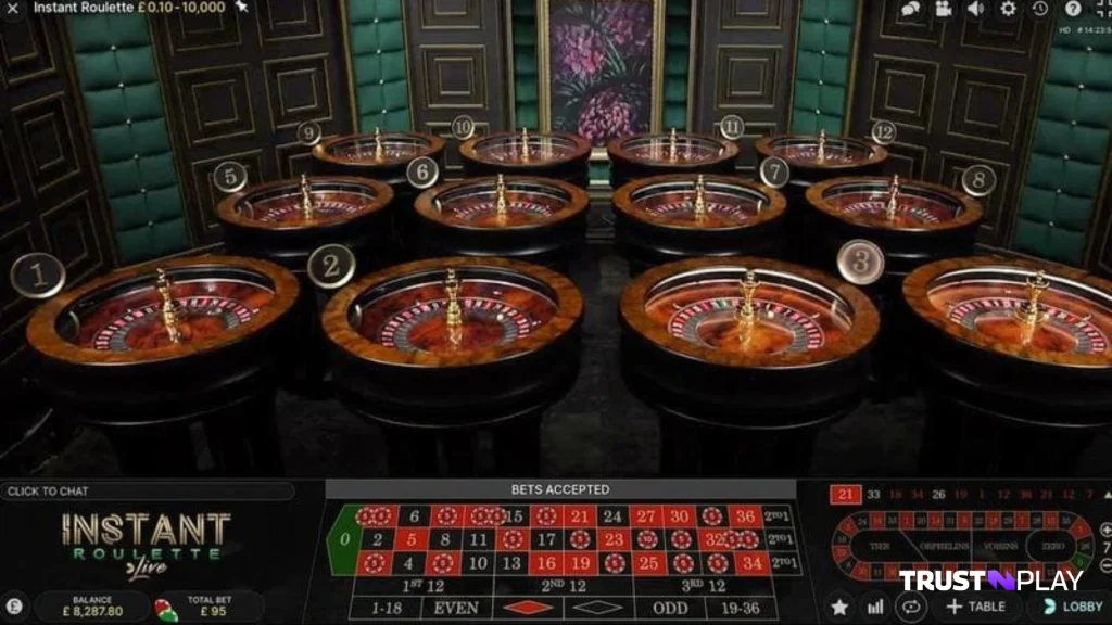 12 roulette wheels in Instant Roulette live dealer casino game by Evolution.