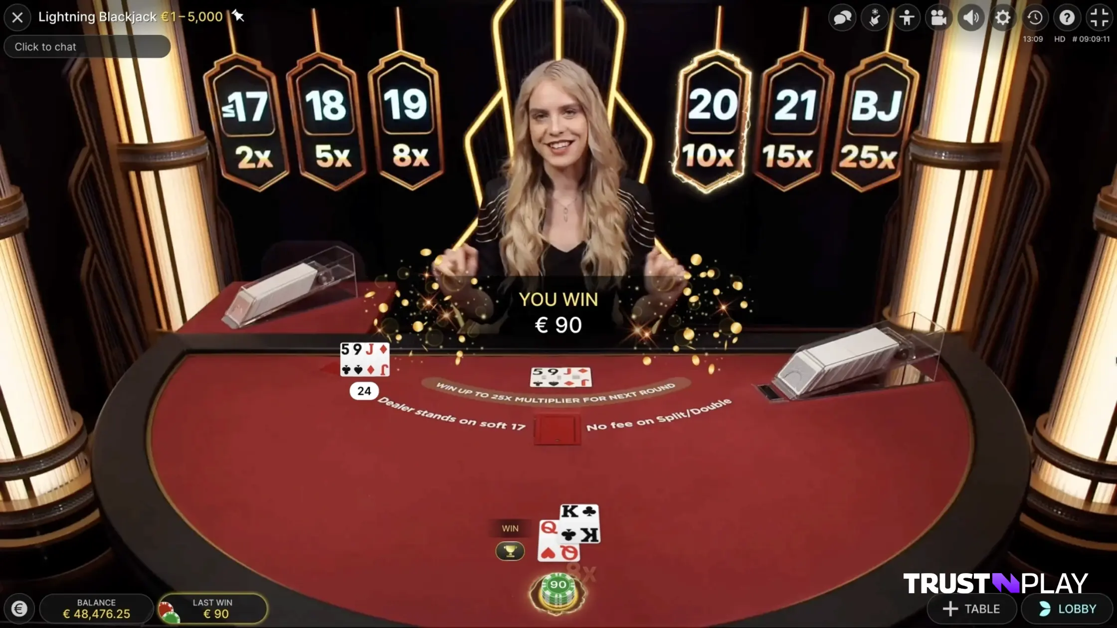 The gameplay of Evolution's Lightning Blackjack casino game with live dealer.