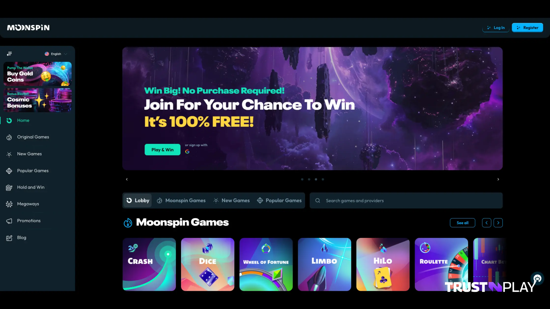 The website layout of Moonspin Tron casino.