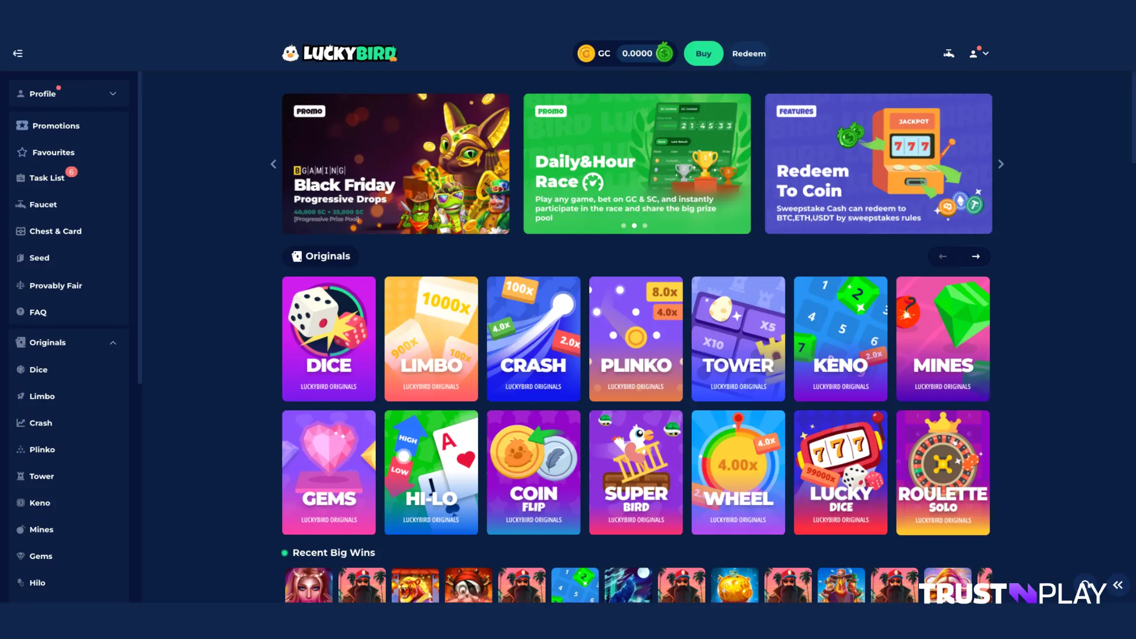 The website layout of Lucky Bird Tron casino.