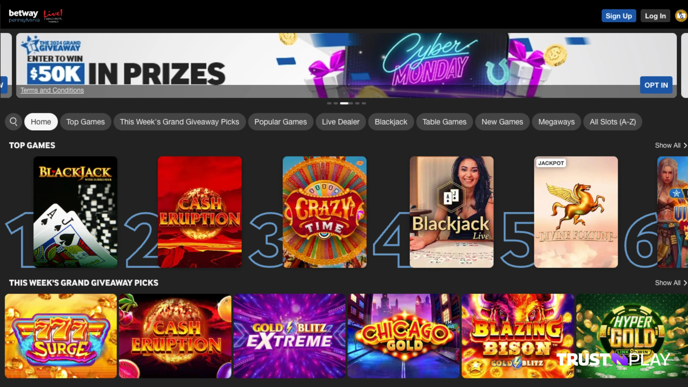 Website layout of Betway online casino.